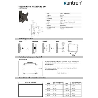 Wandhalterung für PC Monitore 13-27, Xantron ECO-110B