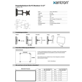Braccio a doppio snodo per monitor PC 13-27, Xantron ECO-113B