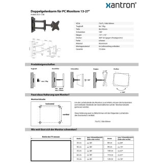 Doppelgelenkarm für PC Monitore 13-27, Xantron ECO-113B