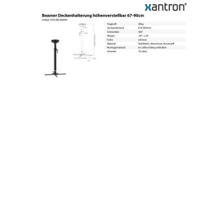 Supporto da soffitto per proiettore regolabile in altezza 67-90cm, Xantron TOPLINE-BM090
