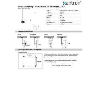 Deckenhalterung 119cm schwarz für 2 Monitore 22-42, Xantron PRO-CMS-D200B