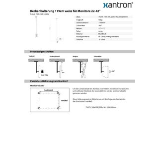 Deckenhalterung 119cm weiss für Monitore 22-42, Xantron PRO-CMS-S200W