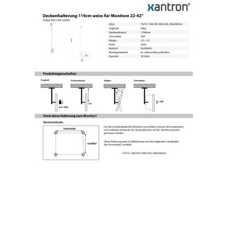Support plafond 119cm blanc pour écrans 22-42, Xantron PRO-CMS-S200W