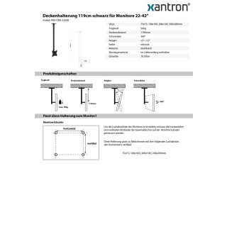 Deckenhalterung 119cm schwarz für Monitore 22-42, Xantron PRO-CMS-S200B
