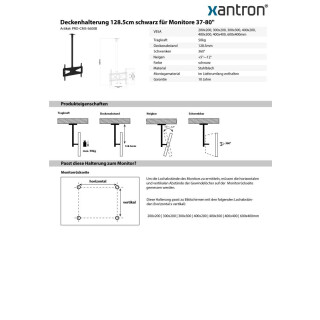 Supporto da soffitto 128.5cm nero per monitor 37-80, Xantron PRO-CMS-S600B
