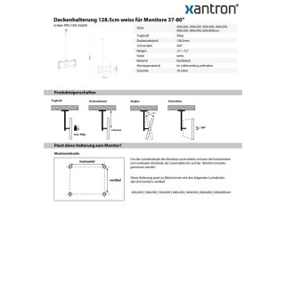 Deckenhalterung 128.5cm weiss für Monitore 37-80, Xantron PRO-CMS-S600W