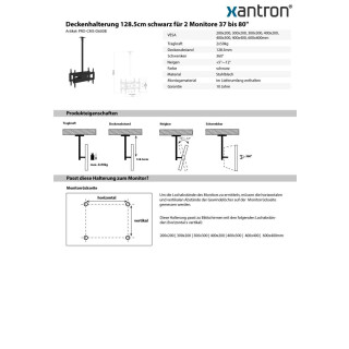 Support plafond 128.5 cm noir pour 2 écrans 37-80, Xantron PRO-CMS-D600B